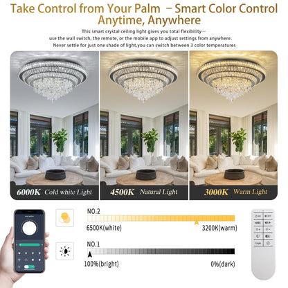 30 inch Crystal Flush Mount Black Chandelier, Modern Raindrop LED Ceiling Light, 3CCT Dimmable & Brightness Adjustable,Remote/APP ,Elegant Chandeliers for Bedroom Hallway Dinning Room Living Room