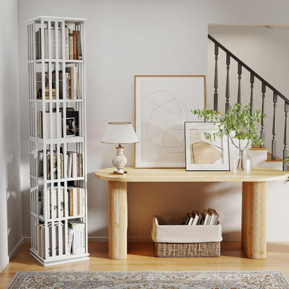 Raykion Rotating Bookshelf Tower, 6 Tier Bamboo Spinning Book Shelf, 360 Revolving Bookcase for Small Space Corner, Large Capacity Swivil Bookshelf for Living Room Bedroom Home Office, White