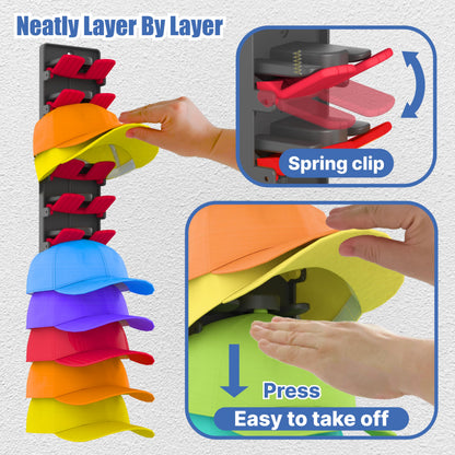 BRUBEQO Hat Organizer for Baseball Caps 2 Packs with Built Spring Clips - Wall Mount Closet Hat Rack Holder, Storage for Wall Door/Closet Display Hat Racks Hanger (Install by Adhesive & Screws)