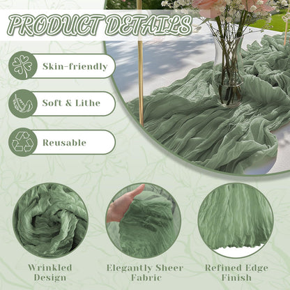 2 Pack Sage Green Cheesecloth Table Runner, 10Ft Boho Gauze Cheese Cloth Table Runners for Wedding, Party, Dinner, Baby Shower, 120 Inches Long Table Runner for St. Patrick's Day, Easter, Christmas