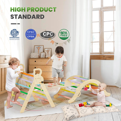 BlueWood Pikler Triangle Set with Cushion, 8-in-1 Climbing Toys for Toddlers, Montessori Philosophy Play Jungle Gym with Arch, Ramp, Ladder(Sunshine Rainbow)