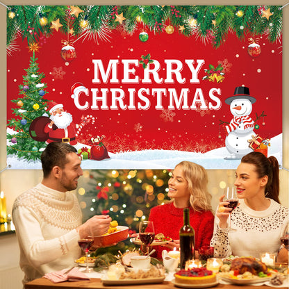Merry Christmas Backdrop for Photography Banner Large Snow Wonderland Backdrop Winter Snowman Scene Xmas Santa Tree Background for Outdoor Indoor Christmas Decorations Party Gifts, 72.8 x 43.3 Inch