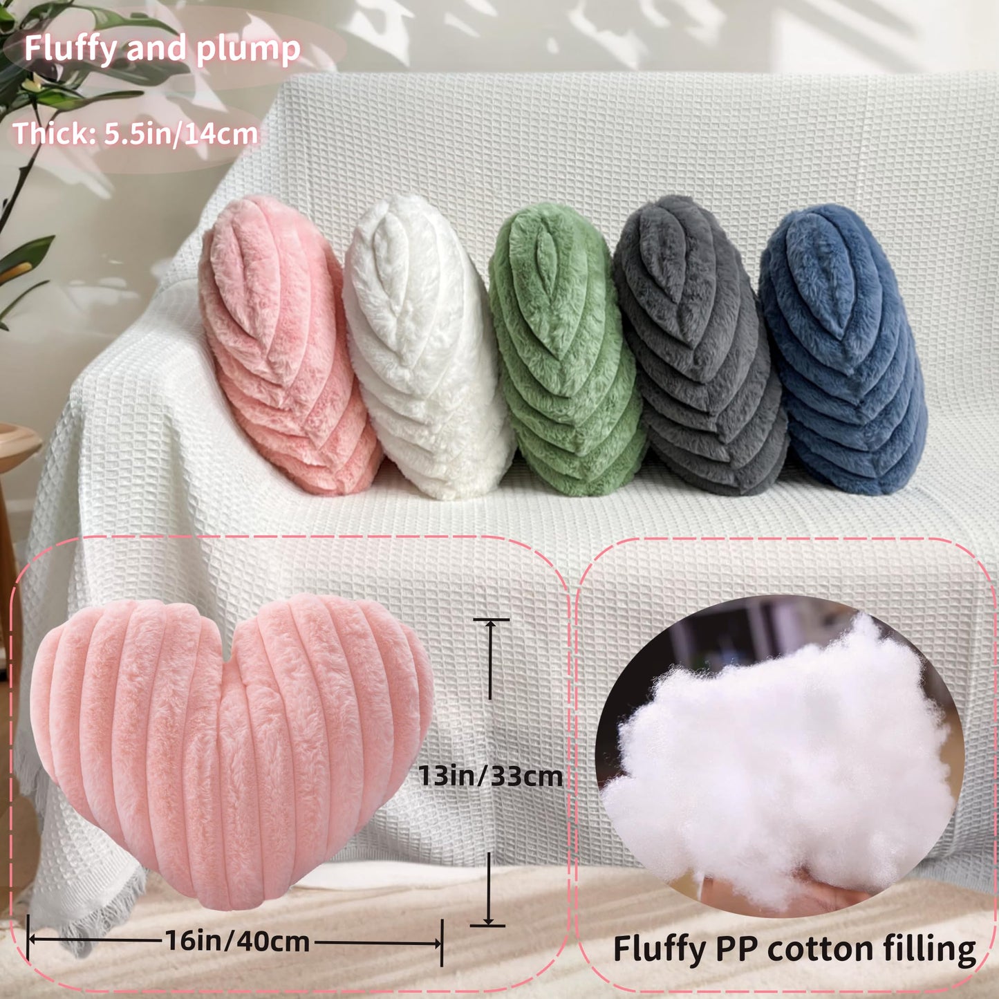 16 Inch Sage Green Heart Pillow Cute Decorative Throw Pillows, Heart Shaped Soft Fluffy Faux Fur Pillows Cushions for Couch Chair Bed Bedroom Room Home Decor Aesthetic (1, Green, Medium-16"x13")