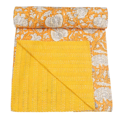 Marubhumi Indian Handmade Traditional Hippie Floral Print Kantha Quilt Indian Cotton Bedding Throw Blanket Bespread Hand Stitched with Love (Yellow, Queen (90"x 108"))