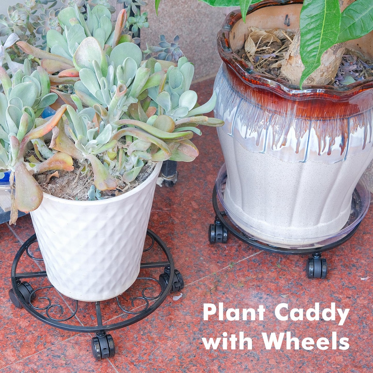 lucpur 6 Pack Metal Plant Caddy with Wheels, 12 Inch Plant Stand with Wheels Heavy Duty Wrought Iron Rolling Plant Caddy Plant Dolly Plant Rollers Plant Cart Large Plant Mover