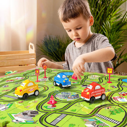 JUKUDAHU 64 Pieces Puzzle Race Track Car Set Toys for 3 4 5 6 Year Old Boys - Puzzle Tracks Car Toys for Kids Ages 3-5 with 3 Sliding Toy Cars, City-Themed, Birthday Gifts for Toddlers 1-3 2-4 4-6