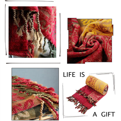 Boho Throw Blanket, Chenille Jacquard Tassels Throw Blankets for Bed Couch Soft Chair， Bohemian Fringe Tassels (Red, S:60x75