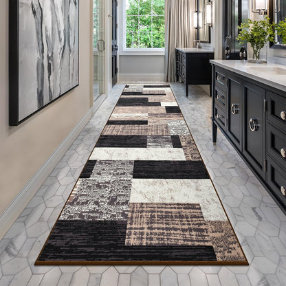 Indoor Runner Rug, Washable Runner Rug with Rubber Backing, Modern Geometric Patchwork Aesthetic Carpet for Bedroom, Living Room, Hallway, Entryway, Washable Rugs Rockwood Collection,2.7x8Ft Chocolate