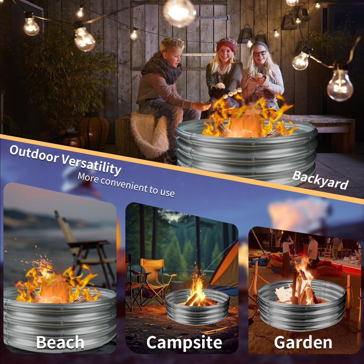YSEJOMP 36 Inch Round Galvanized Fire Pit Ring/Fire Ring - Foldable and Perfect for Outdoor Gatherings and Campfires in the Yard/Garden/Park/Beach (3 FT Diameter, Silver)