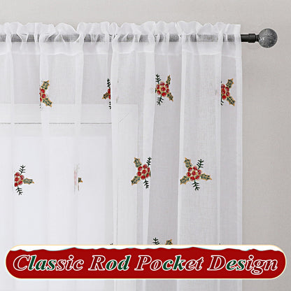 BROSHAN Red Embroidered Sheer Christmas Window Curtains 84 inches Long for Living Room- Xmas Tree Santa Patterned White Drapes 2 Panels Set for Winter Holiday Bedroom Dining Room Decor,Gold Green