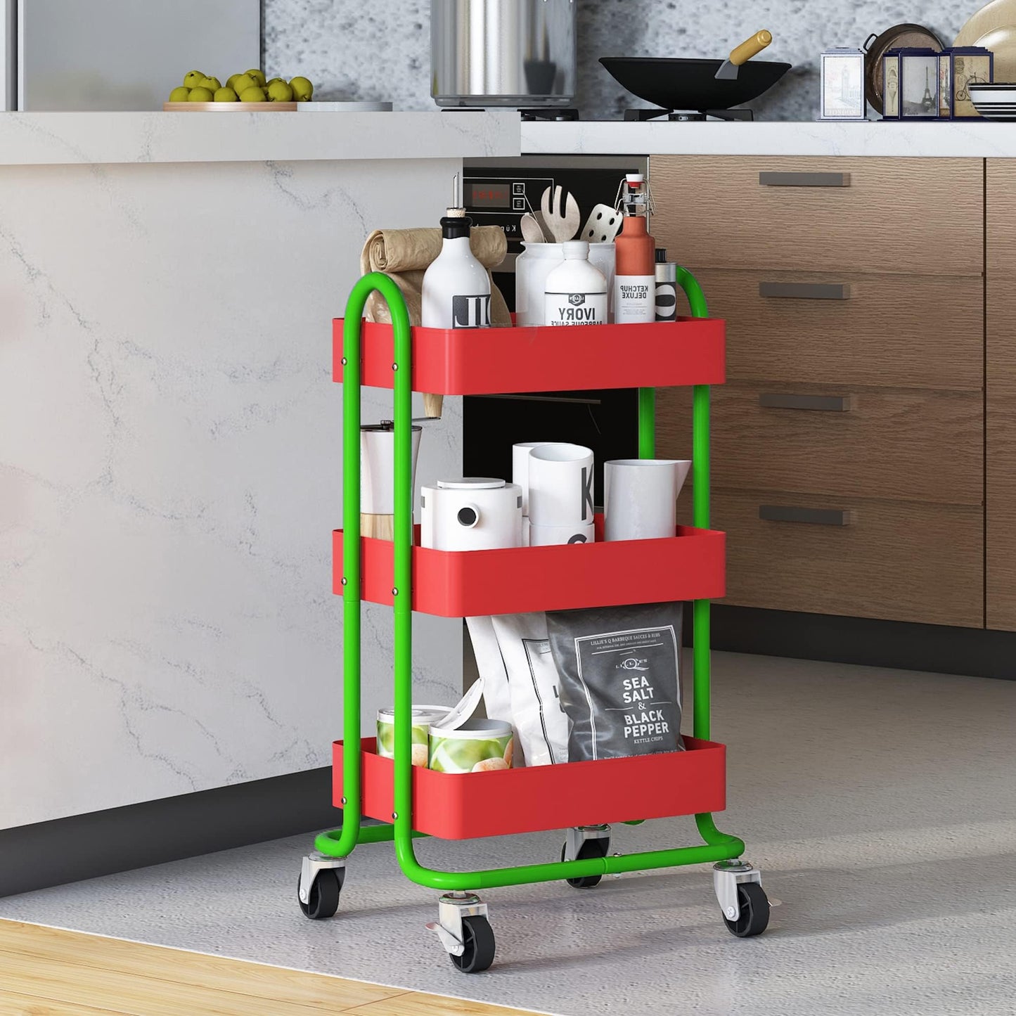 Elitehouse Metal Rolling Cart,3-Tier Metal Rolling Cart with Wheels,3 Tier Utility Cart with Wheels for Office,Home,Kitchen,Garden（13.4"x18.1"x31"） Red+Green