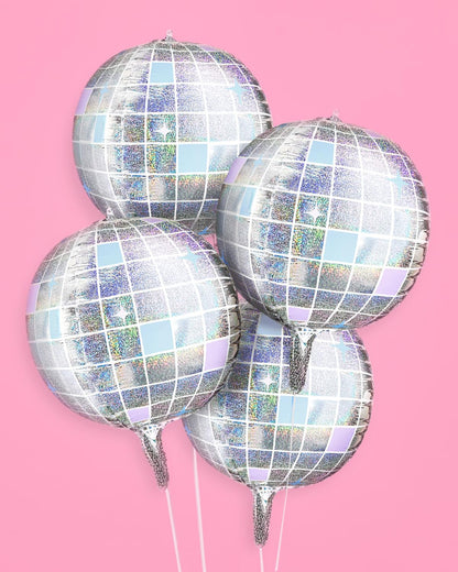 xo, Fetti Iridescent Disco Ball Metallic Silver Foil Balloons - 4 pk, 22" | Last Disco Bachelorette Decorations, Groovy Birthday Party Supplies, 70s Baby Shower, NYE, Space Cowboy