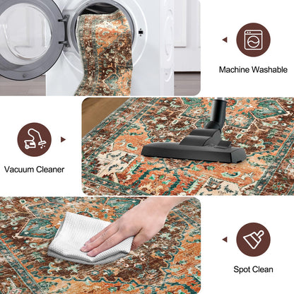 Yamaziot Washable Runner Rug, 2x8 Non-Slip Boho Vintage Hallway Rug Runner with Rubber Backing, Stain Resistant & Low Pile Faux Wool Distressed Carpet Runner for Bedroom, Kitchen, Laundry, Entrance