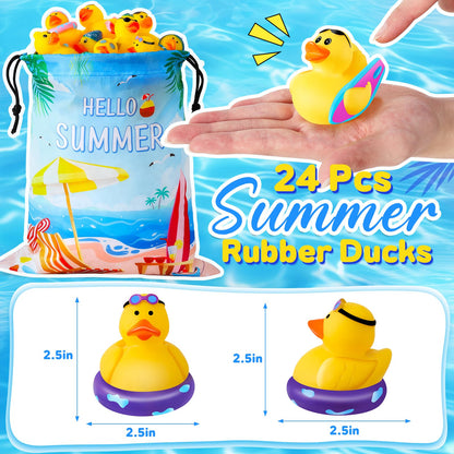24 Pcs Summer Rubber Ducks with a Bag, Ducks for Jeeps, Assorted Beach Toys for Duckies Games, Summer Prizes Holiday Party Favors, Bath Cruise Toys, Water Pool Toys for Baby Toddler Kids