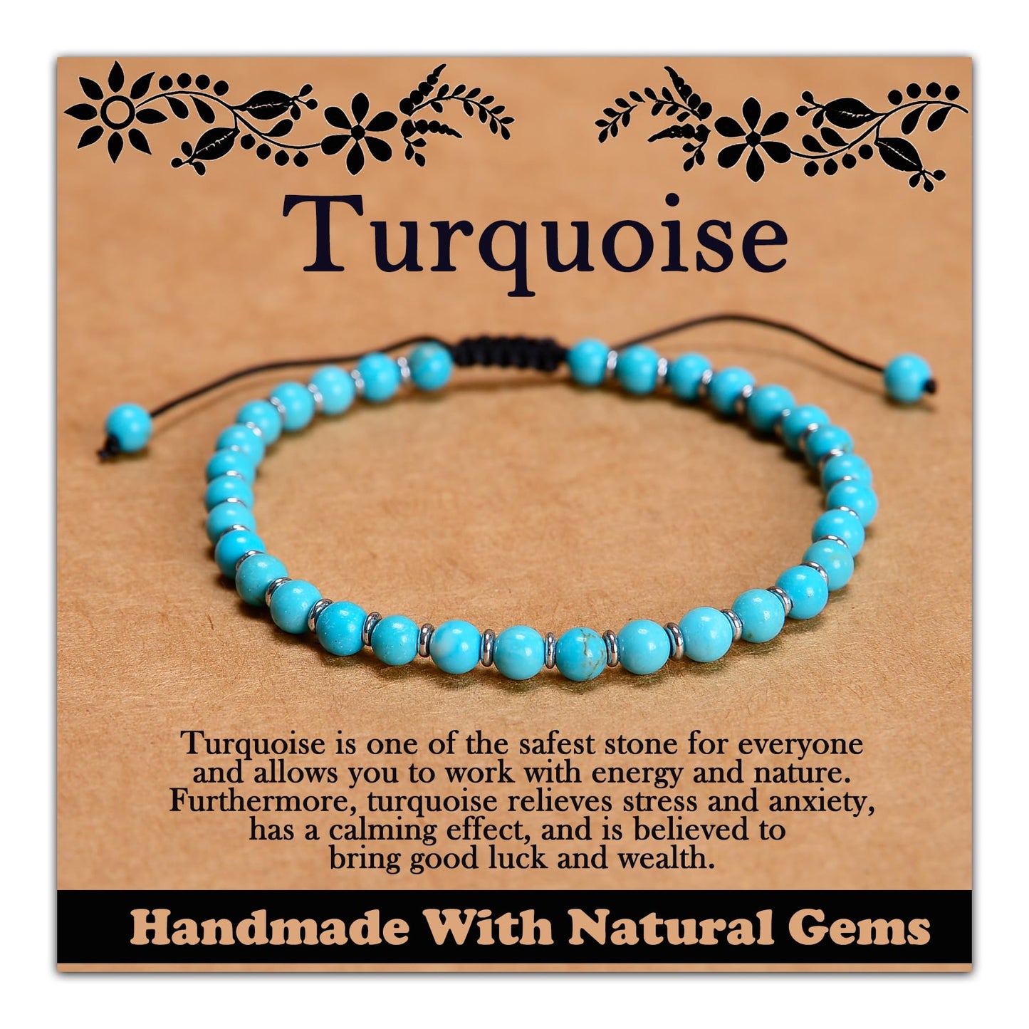 CHCCOYE 4mm Handmade Adjustable Natural Gemstone Crystal Bracelet Healing Power Energy Inspirational Gifts with Card for Unisex (Turquoise)