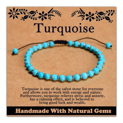 CHCCOYE 4mm Handmade Adjustable Natural Gemstone Crystal Bracelet Healing Power Energy Inspirational Gifts with Card for Unisex (Turquoise)