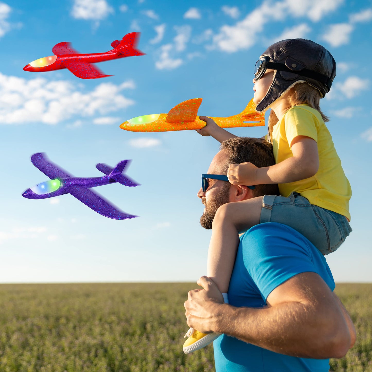 CUKU 6 Pack LED Light Airplane Toys-17.5" Large Throwing Foam Plane-2 Flight Modes Glider Plane-Outdoor Flying Toys for Kids-Flying Toys Gift for Boys Girls 3 4 5 6 7 8 9 Years Old