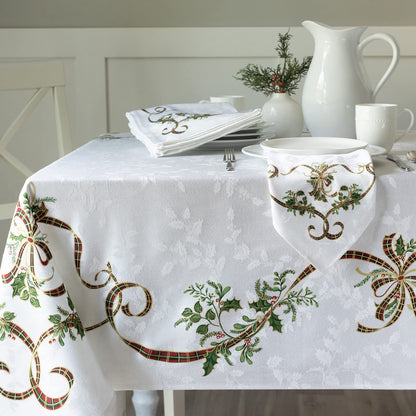 Benson Mills Heavyweight Engineered Printed Jacquard Fabric Christmas Table Cloth, for Holiday, Winter, and Christmas Tablecloth (Merry Ribbons, 60" x 104" Rectangular)