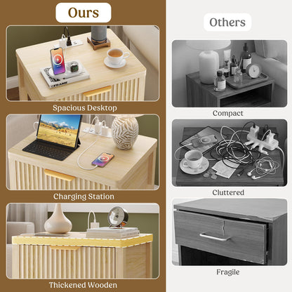 Lulive Night Stand Set 2, Fluted Nightstand with Charging Station, Wood Modern Bedside End Table with Storage Drawer for Bedroom, Save Space (Set of 2, Natural Oak)