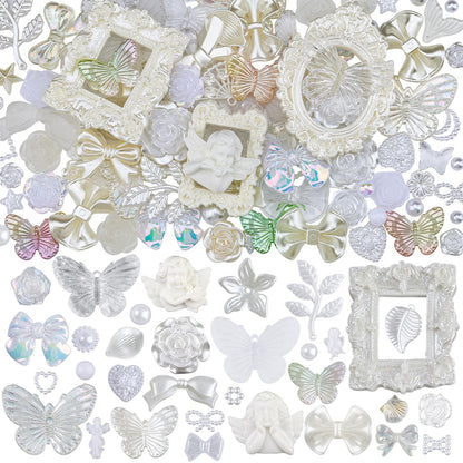 Kikonoke 350 Pieces 3D Resin Rose Flower Bows Butterfly Embellishments Angel Charms Picture Frame with Flatback Pearl Beads for Craft DIY Making Supplies (White)