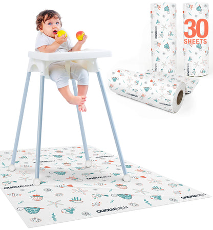 Minimono Baby Splat Mat for Under High Chair - 30 Pcs Disposable and Waterproof Splash Mats - 40"x47" Multipurpose Activity Mat for Picnic, Arts and Crafts - Baby Led Weaning Supplies (Sea Animals)