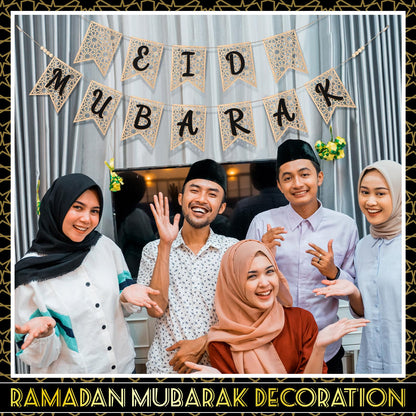Menkxi 2 Pcs Eid Mubarak Banner Decorations Wooden Ramadan Eid Decoration for Home Rustic Ramadan Mubarak Garland Hanging Supplies for Mantel Fireplace Muslim Home Indoor Outdoor Party(Natural, Black)