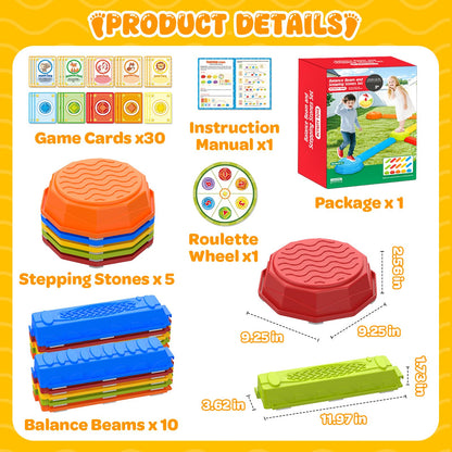 15PCS Rainbow Stepping Balance Beam Stones for Kids Toddlers - Indoor & Outdoor Sensory Toys for Outside Play Games,Without Light Up&Music Non-Slip Jumping Blocks for Obstacle Course Boy Girl Gifts