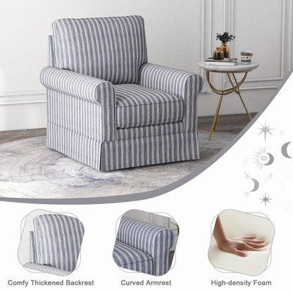 INZOY Swivel Accent Chair Linen Mid Century Modern Chair, Comfy Swivel Barrel Reading Chair, Upholstered Square Chair for Living Room Bedroom Small Spaces, Fully Assembled, Blue Stripe
