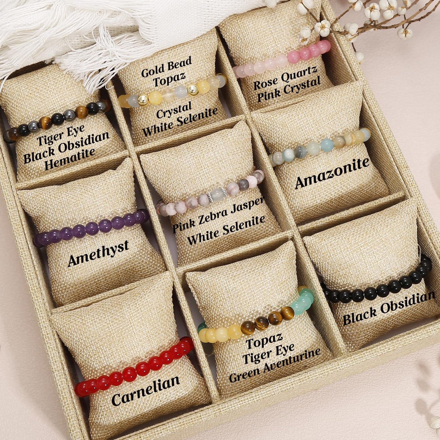 BOMAIL 9 PCS Healing Crystal Bracelets for Women 8 MM Natural Stone Beaded Bracelet Protection Anxiety Spiritual Stretch Bracelet for Women Men