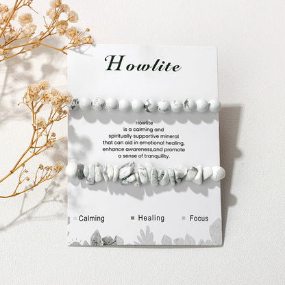Lit Wall 2Pcs Unisex Adult Howlite Bracelet Set - 6mm Handmade Adjustable White Beaded Gemstone Bracelets - Stretch Bracelets - Strand Form - Howlite Stones - No Metal Type