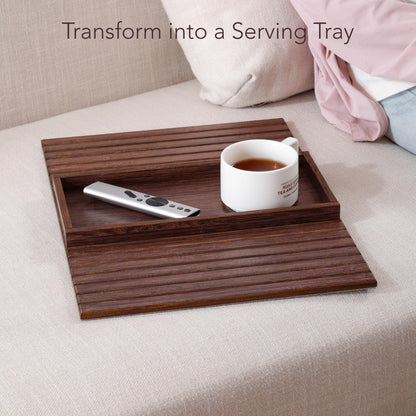 DETOR Couch Arm Tray with Spacious 12.4" x 5.4" Storage Box, Walnut Bamboo Finish, Enhanced Non-Slip Felt Bottom, Sturdy Bamboo Slats, Fits Armrests 6" and Wider