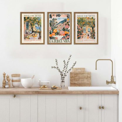 Framed Italian Scenery Wall Art Set of 3, Amalfi Coast Kitchen Wall Art, Vintage City Landscape Canvas Print, Trendy Italian Food Pictures Artwork for Living Room Dining Room – 16x24 inch
