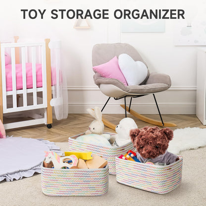 Maxuni 3-Pcs Shelf Baskets for Organizing, Closet Organizer Bins, Small Woven Baskets, Rope Toy Basket, Storage Basket for Shelves, Cube Decorative Box, 11.8×7.8×5.1”, Rainbow