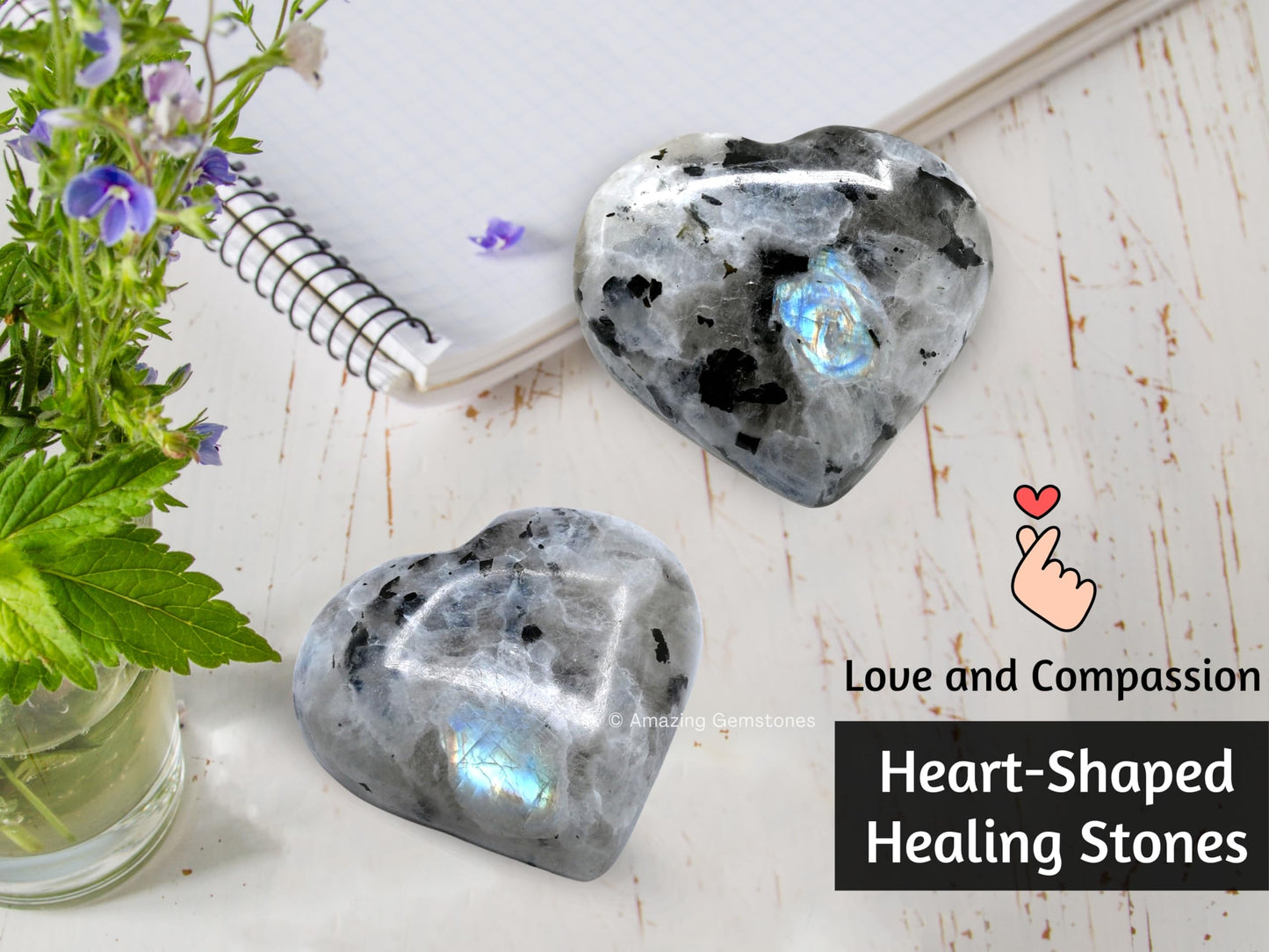 Amazing Gemstone Rainbow Moonstone Crystal Heart Palm Stone - Pocket Massage Worry Stone for Natural Body Chakra Balancing, Reiki Healing and Crystal Grid