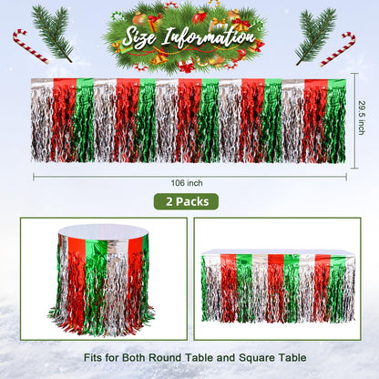 LOLStar Christmas Party Decorations, 2 Pack Red White and Green Wavy Metallic Tinsel Foil Fringe Table Skirt for Rectangle & Round Tables, Perfect Table Decorations for Christmas Ugly Sweater Party