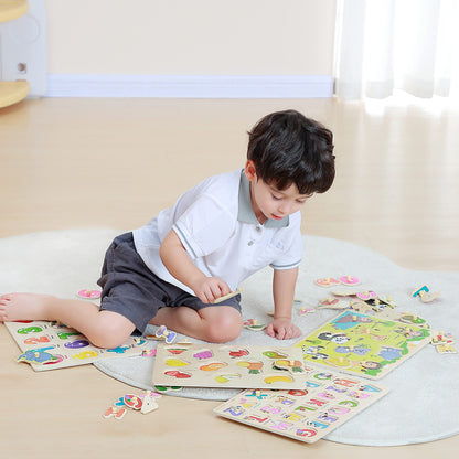 GRINNNIE Wooden Peg Puzzle for Toddlers 3 4 5 Years Old, 4 PCS Montessori Educational Learning Puzzles Set-Numbers, Letters, Animals and Fruits, Great Preschool Gifts for Girls and Boys