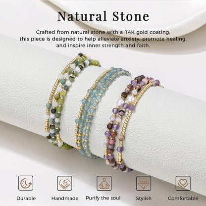 POMODA Beaded Bracelets Stack for Women Small Beaded Stretch Stone Bracelets Stackable Gemstone Crystal Dainty Boho 14K Gold Plated Beads Anklets Necklace Summer Jewelry for Women