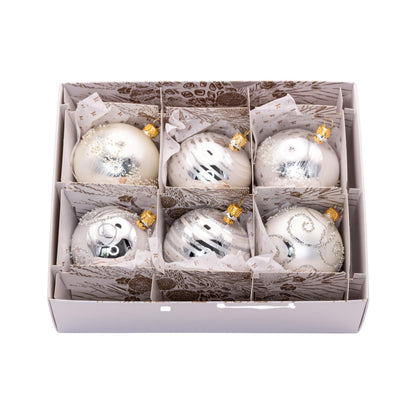 Luxury Handcrafted European Glass Christmas Ball Ornaments - Set of 6 - Silver & White - Satin & Shine - 8 cm - Mouth-Blown & Hand-Painted