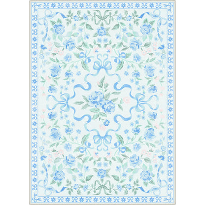 Bavni Area Rugs 5X7 for Living Room，Machine Washable Non Slip Low Pile Soft Rug，Cute Floral Carpet for Bedroom Dining Room Girls Room Nursery Room and Kids Room or Playroom, Pastel Blue