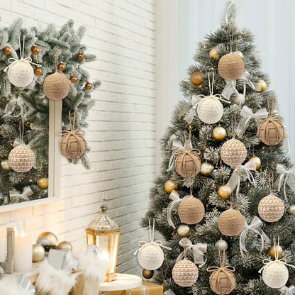 Leyndo 16 Pcs 3.15 Inch Burlap Christmas Ball Ornaments Rustic Farmhouse Christmas Tree Ornaments Neutral Jute Rope Hanging Balls Decorations Boho for Xmas Party Holiday Decor(Rustic Style)