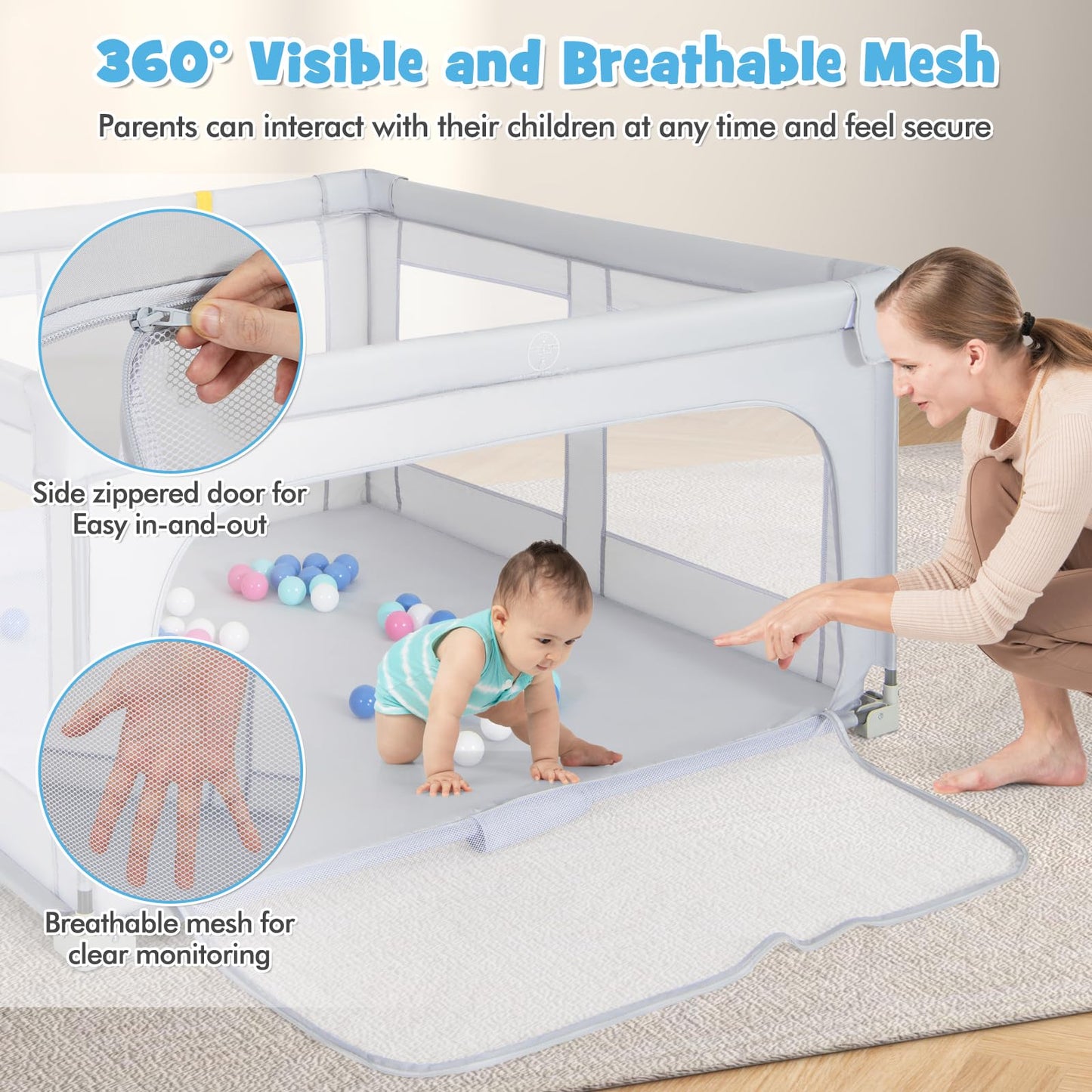 Costzon Foldable Playpen for Babies, 59''x59'' Portable Baby Play Pen with 50 PCS Ocean Balls, 4 Handles, Carry Bag, Visible Mesh, Kids Activity Center with Gates, Indoor & Outdoor Baby Gate Play Pen