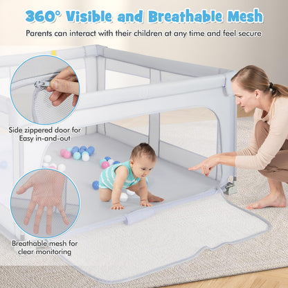Costzon Foldable Playpen for Babies, 59''x59'' Portable Baby Play Pen with 50 PCS Ocean Balls, 4 Handles, Carry Bag, Visible Mesh, Kids Activity Center with Gates, Indoor & Outdoor Baby Gate Play Pen