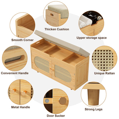 PETKABOO Rattan Shoe Storage Bench, 35.4" Bamboo Entryway Bench, 2-Tier Shoe Rack with 2 Doors & Padded Seat Cushion for Entryway, Living Room, Bedroom