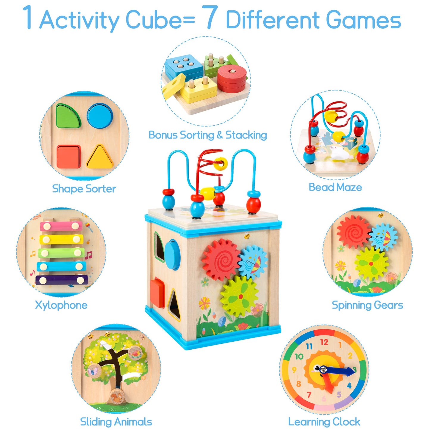 WOODMAM Wooden 7-in-1 Activity Cube, Montessori Toys for 1 Year Old Toddlers, Baby Educational Developmental Toys, One Year Old Boys Girls First Birthday Gifts with Bonus Sorting & Stacking Board