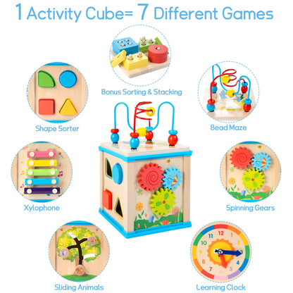WOODMAM Wooden 7-in-1 Activity Cube, Montessori Toys for 1 Year Old Toddlers, Baby Educational Developmental Toys, One Year Old Boys Girls First Birthday Gifts with Bonus Sorting & Stacking Board