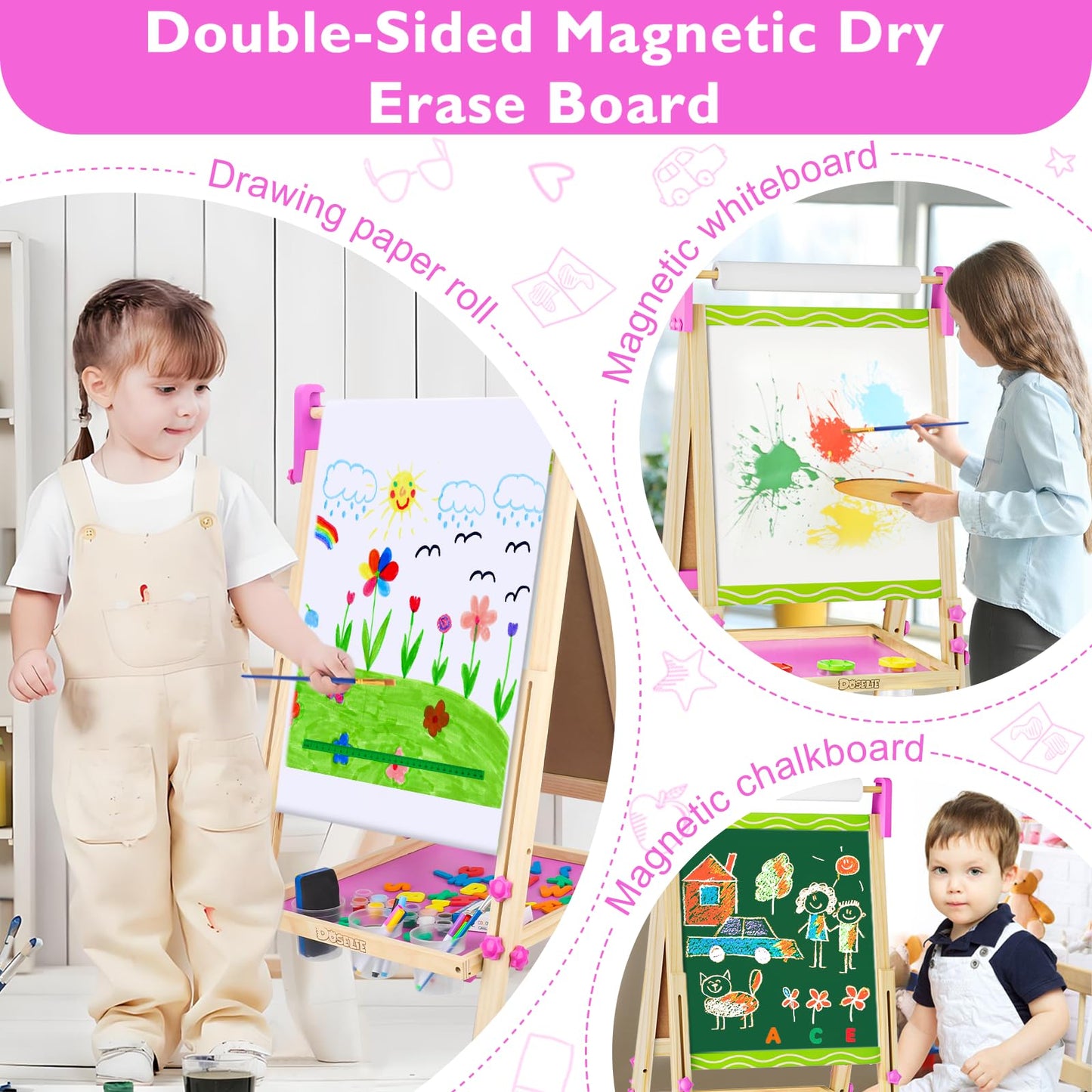 Doselie Easel for Kids,Adjustable Wooden Kids Art Easel with Paper Roll,Double-Sided Magnetic Toddler Easels,Dry Erase Whiteboard and Chalk Board,Toys for 3 4 5 6 7 8 9 10 Year Old Girl Boy Gift