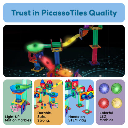 PicassoTiles Motion Activated Marbles 4pc LED Light-Up Glow in The Dark Translucent Balls for Marble Run Race Racetrack Maze Magnetic Construction Magnet Tiles Building Block STEM Education Kids Toys
