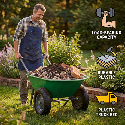 Garden Wheelbarrow Cart, Heavy Duty Utility Cart with Dual Wheels and Built-in Stand, Iron and Plastic Yard Cart for Home, Lawn and Garden