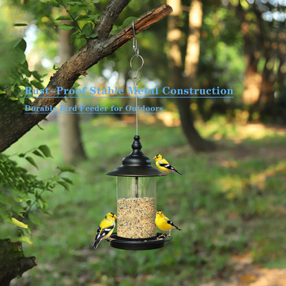 KiRuan Deco Bird Feeders for Outdoors,Hanging Bird Feeder with Locking Lid, Metal Birdfeeder with 17.5cm Weatherproof Large Roof&Tray,3 Feeding Perches,Chew-Proof, Black,1 Pack