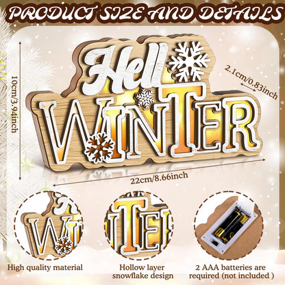 Glooglitter Hello Winter Snowflake Wooden Tabletop Decoration Winter Sign LED Snowflake Centerpiece Wood Plaque Freestanding Wood Sign for Xmas Table Party 13.8 x 3.5 Inch